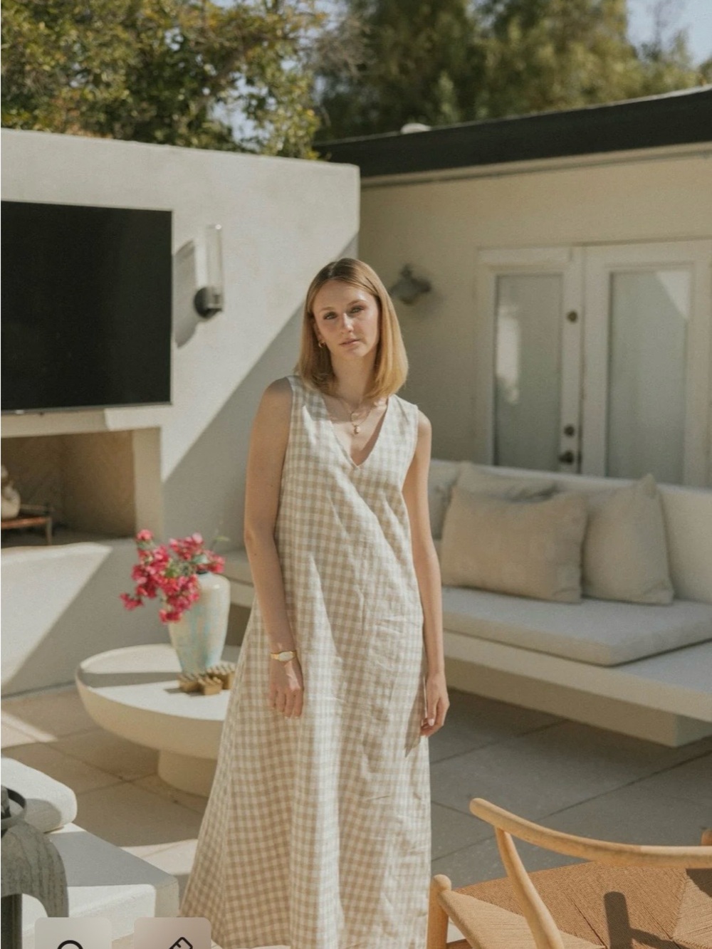 Altair V-Neck Gingham Maxi Dress in Beige